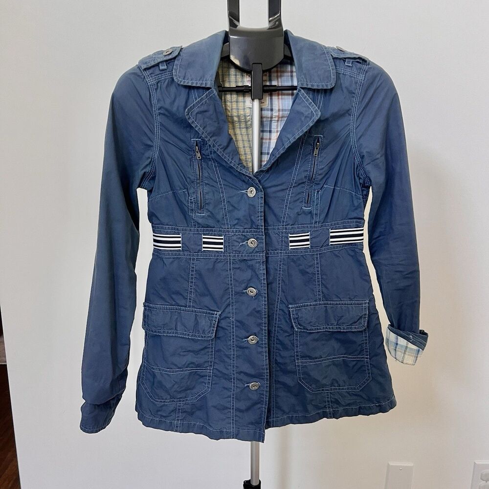 Free People Women’s Blue Cotton Short Coat Size 2 Striped Belt Plaid Lining EUC - Picture 2 of 6